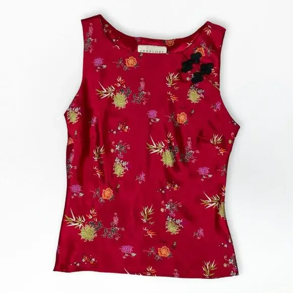 Vintage 90s Charlotte Russe Red Satin Floral Top Mandarin Collar - Picture 2 of 7